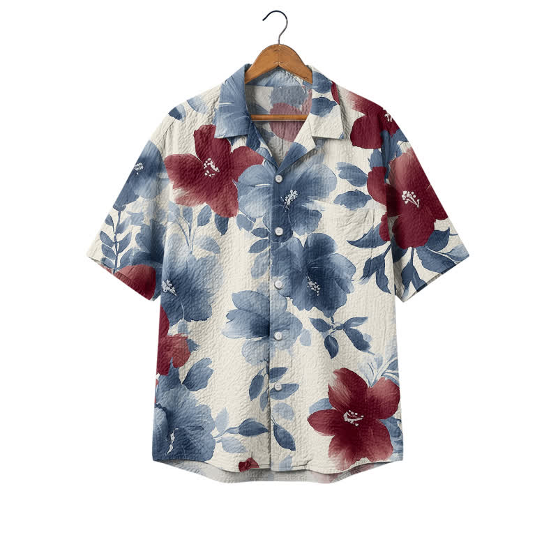 Men's Blue & Burgundy Floral Hawaiian Shirt – Short Sleeve Camp Shirt - Blue - 4XL - image 1