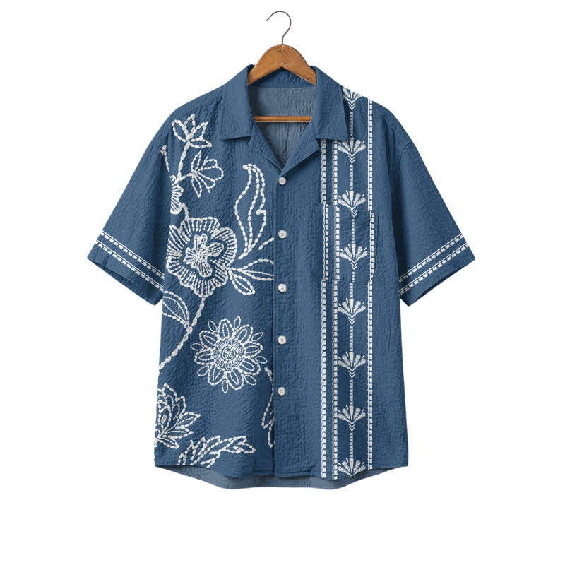 Men's Blue Embroidered Floral Hawaiian Shirt – Short Sleeve Camp Shirt - Blue - 4XL - image 1
