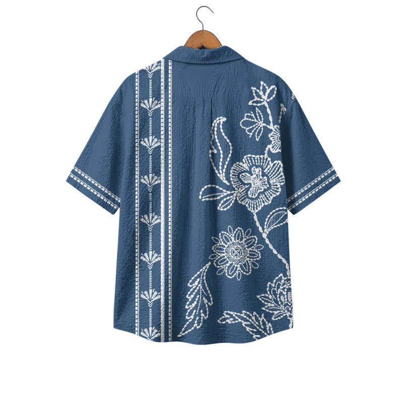 Men's Blue Embroidered Floral Hawaiian Shirt – Short Sleeve Camp Shirt - image 2