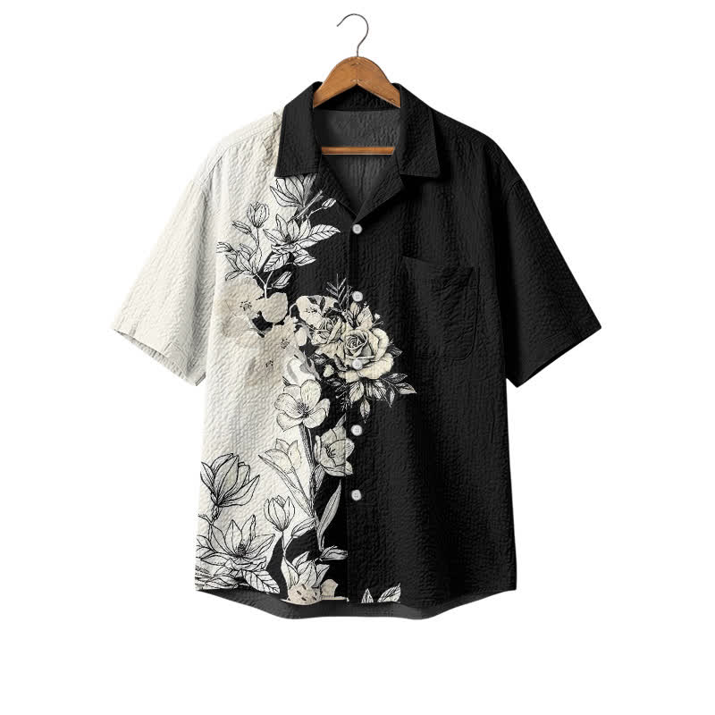 Men's Black & White Floral Hawaiian Shirt – Short Sleeve Camp Shirt - Black - 4XL - image 1