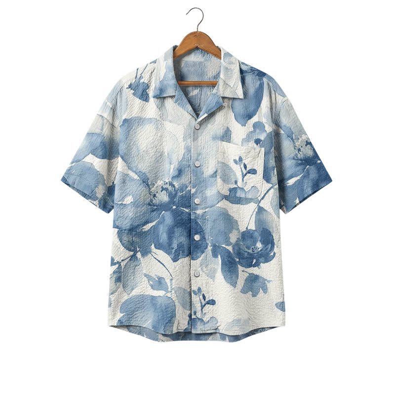 Men's Blue Watercolor Floral Hawaiian Shirt – Short Sleeve Camp Shirt - Blue - 4XL - image 1