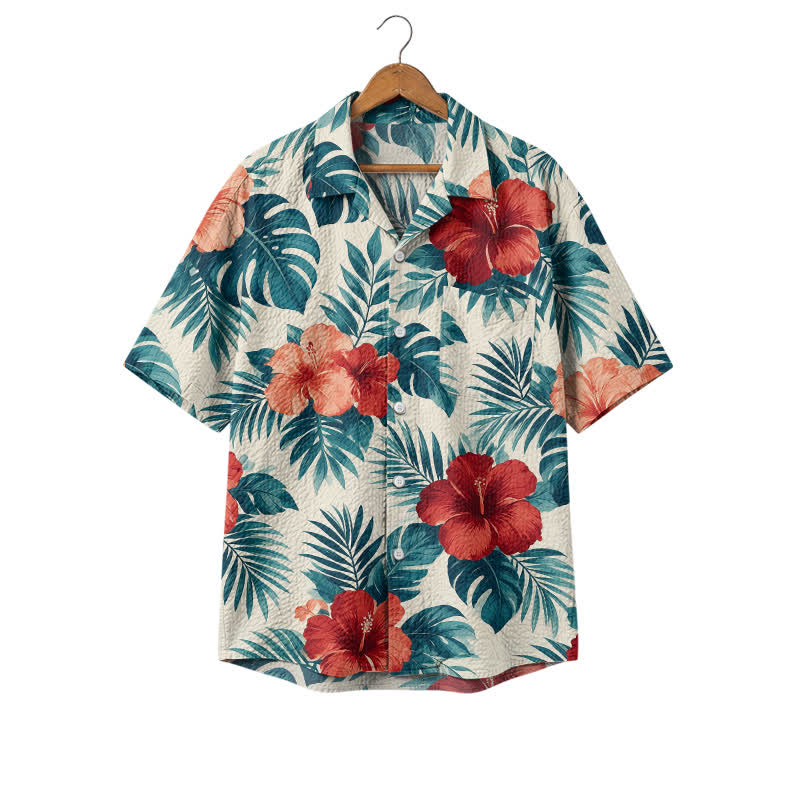 Men's Tropical Hibiscus Hawaiian Shirt – Short Sleeve Camp Shirt - Green - 4XL - image 1