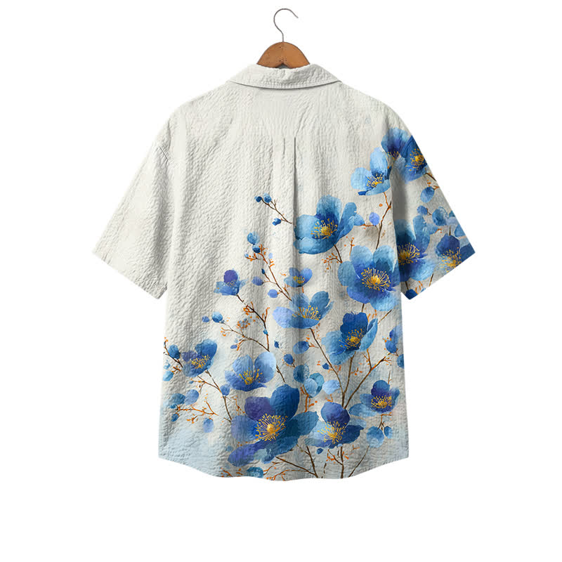 Men's Blue Floral Print Hawaiian Shirt, Short Sleeve Button Down Camp Shirt, Casual Resort Shirt for Summer Vacation & Beach Wear - image 2