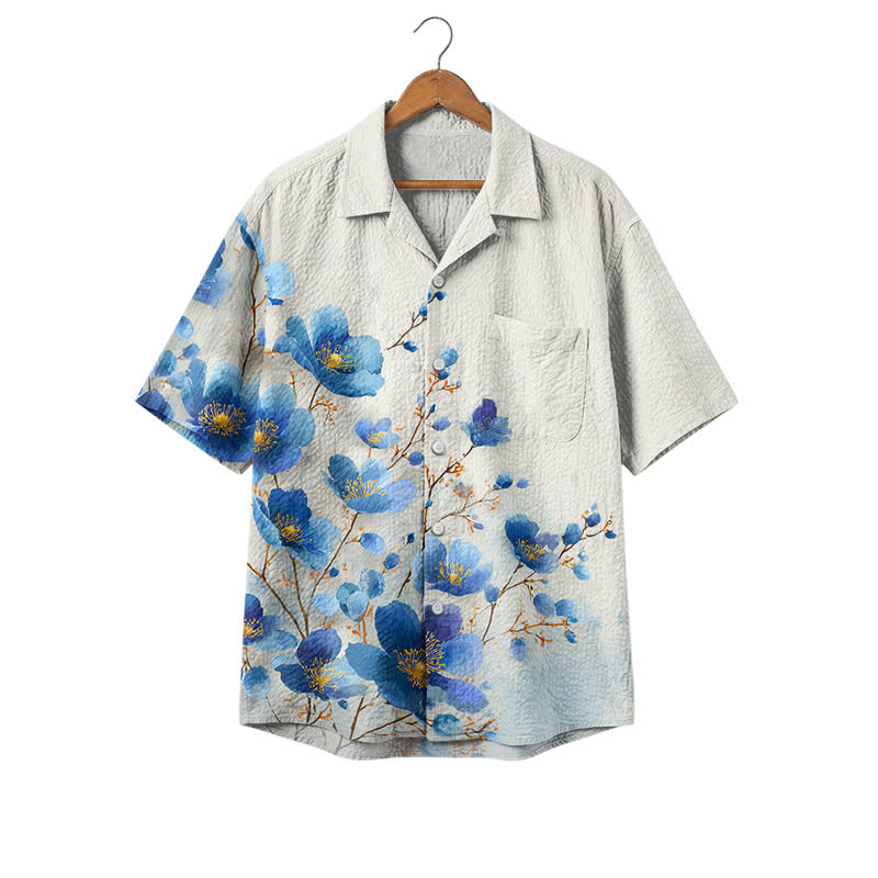 Men's Blue Floral Print Hawaiian Shirt, Short Sleeve Button Down Camp Shirt, Casual Resort Shirt for Summer Vacation & Beach Wear - Blue - 4XL - image 1