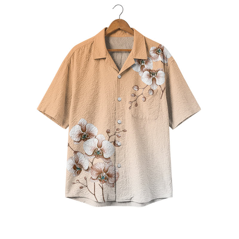 Men's Orchid Floral Print Hawaiian Shirt, Short Sleeve Button Down Camp Shirt, Premium Resort Shirt for Summer Vacation - Orange - 4XL - image 1