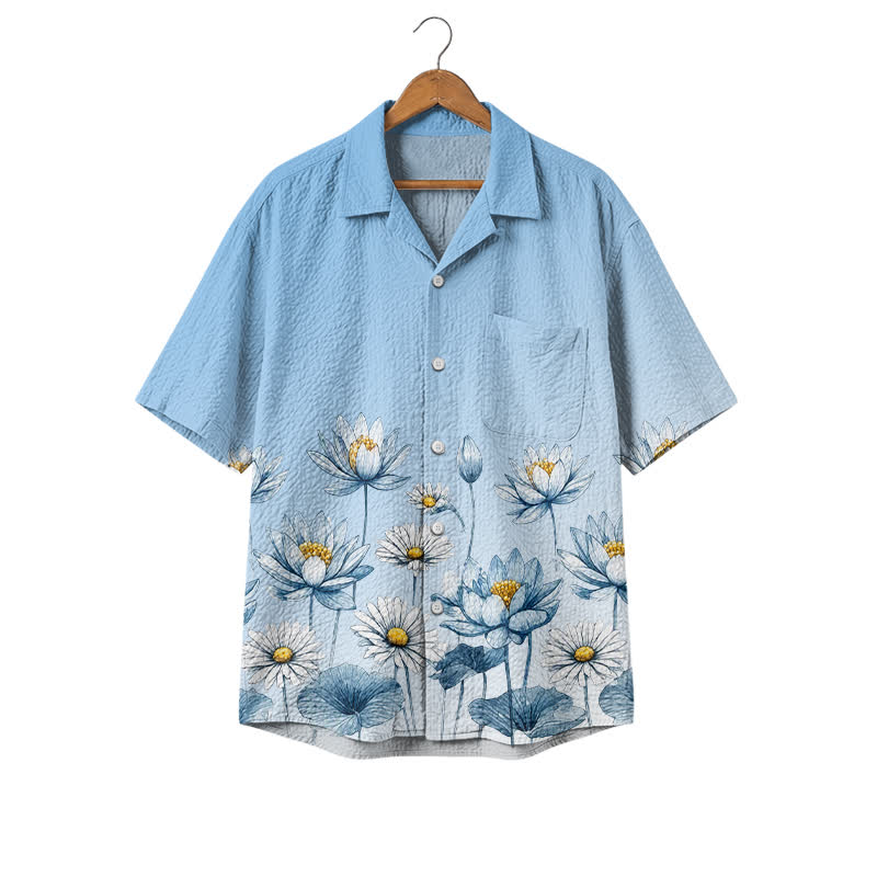 Men's Blue Floral Print Hawaiian Shirt, Short Sleeve Button Down Camp Shirt, Botanical Resort Shirt for Summer Vacation - Blue - 4XL - image 1