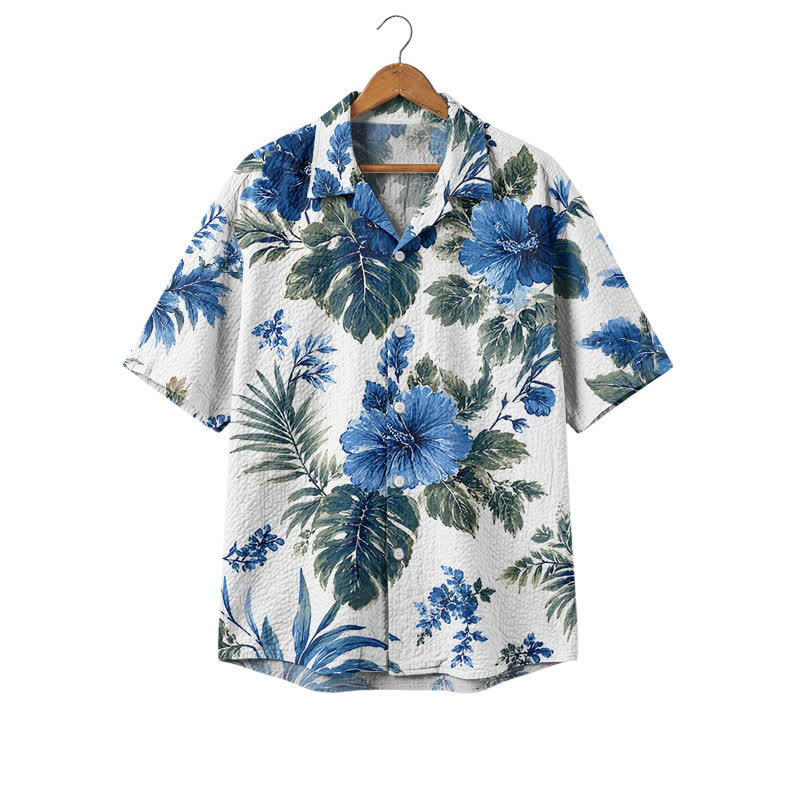 Men's Blue Tropical Floral Hawaiian Shirt, Short Sleeve Button Down Camp Shirt, Casual Resort Shirt for Summer Beach Vacation - Blue - 4XL - image 1
