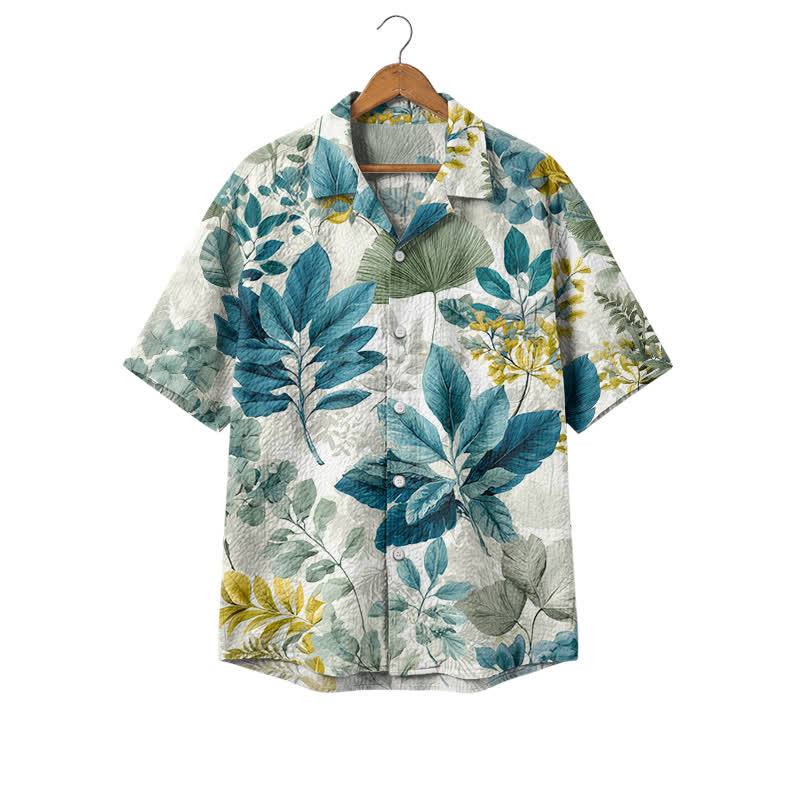 Men's Tropical Leaf Print Short Sleeve Shirt, Botanical Button Down Hawaiian Camp Shirt, Casual Summer Beach Wear - Blue - 4XL - image 1