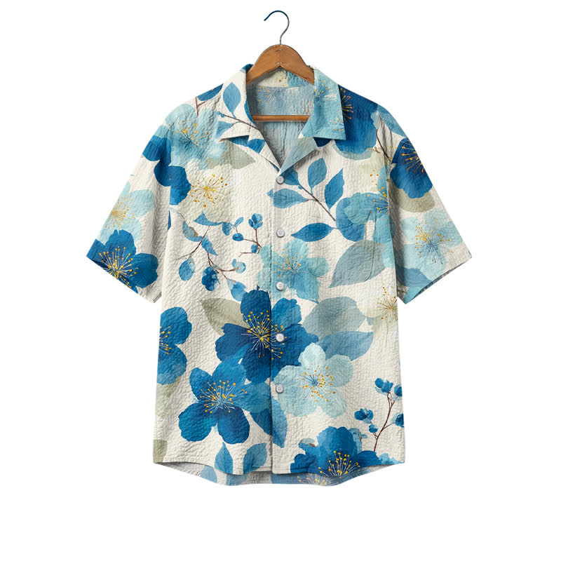 Men's Blue Floral Print Hawaiian Shirt, Short Sleeve Button Down Camp Shirt, Casual Resort Shirt for Summer Vacation & Beach Wea - Blue - 4XL - image 1