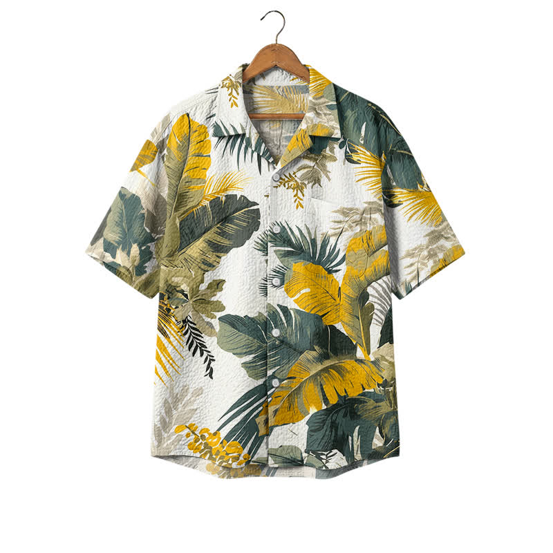 Men's Yellow Tropical Leaf Hawaiian Shirt, Short Sleeve Button Down Camp Shirt, Casual Resort Shirt for Summer Beach Vacation - Yellow - 4XL - image 1