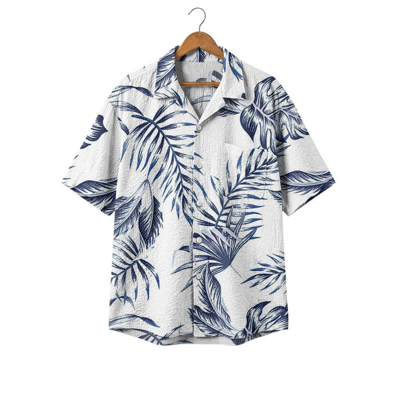 Men's Vintage Blue Palm Relaxed Fit Cuban Collar Polyester Shirt - Blue - 4XL - image 1