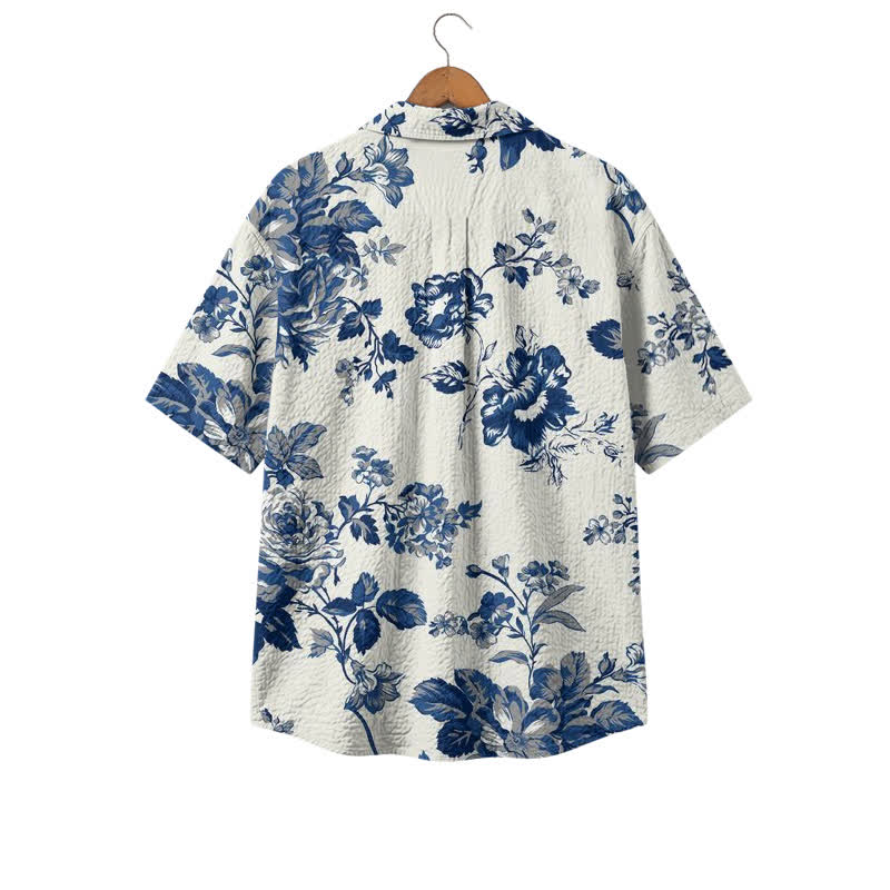 Vintage Blue Floral Relaxed Fit Short Sleeve Cuban Collar Polyester Shirt - image 2