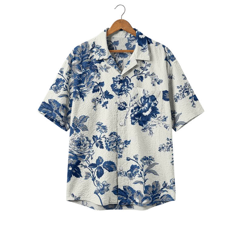 Vintage Blue Floral Relaxed Fit Short Sleeve Cuban Collar Polyester Shirt - Blue - 4XL - image 1