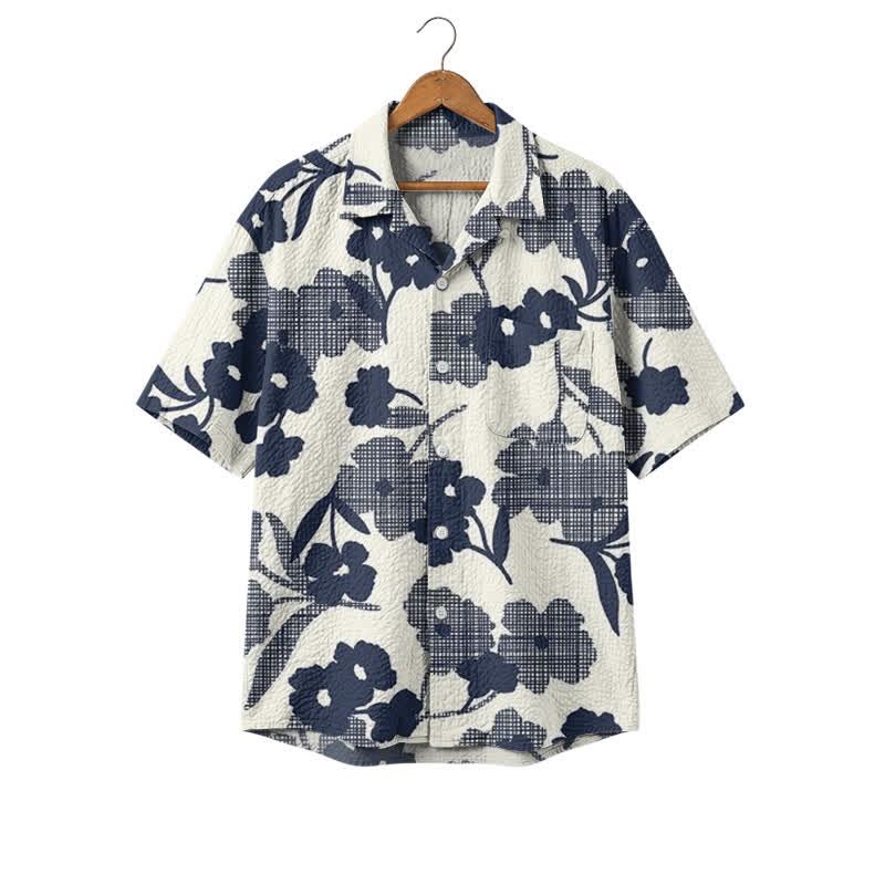 Men's Beach Blue Bloom Relaxed Short Sleeve Cuban Collar Polyester Shirt - Blue - 4XL - image 1