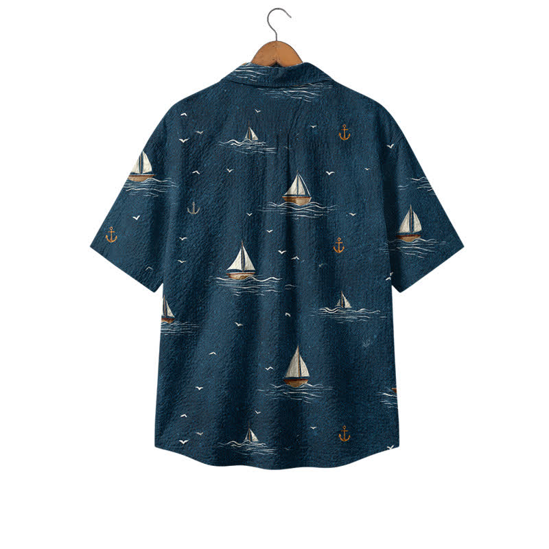 Men's Casual Sailboat Wave Print Camp Collar Vacation Polyester Shirt - image 2