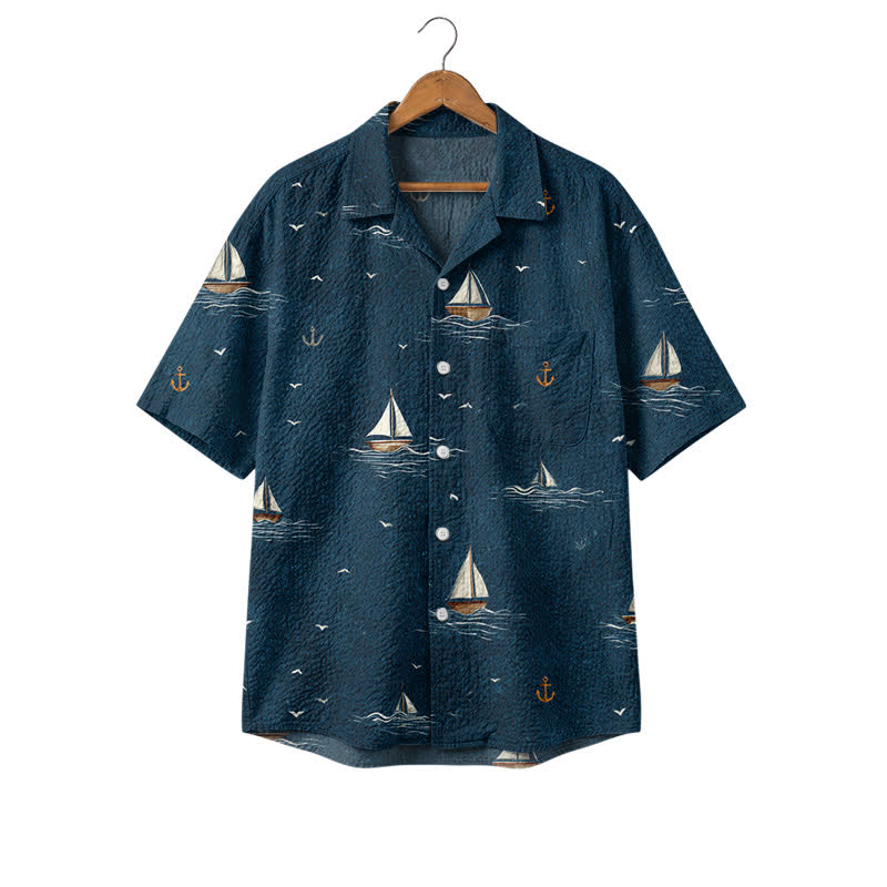 Men's Casual Sailboat Wave Print Camp Collar Vacation Polyester Shirt - Blue - 4XL - image 1