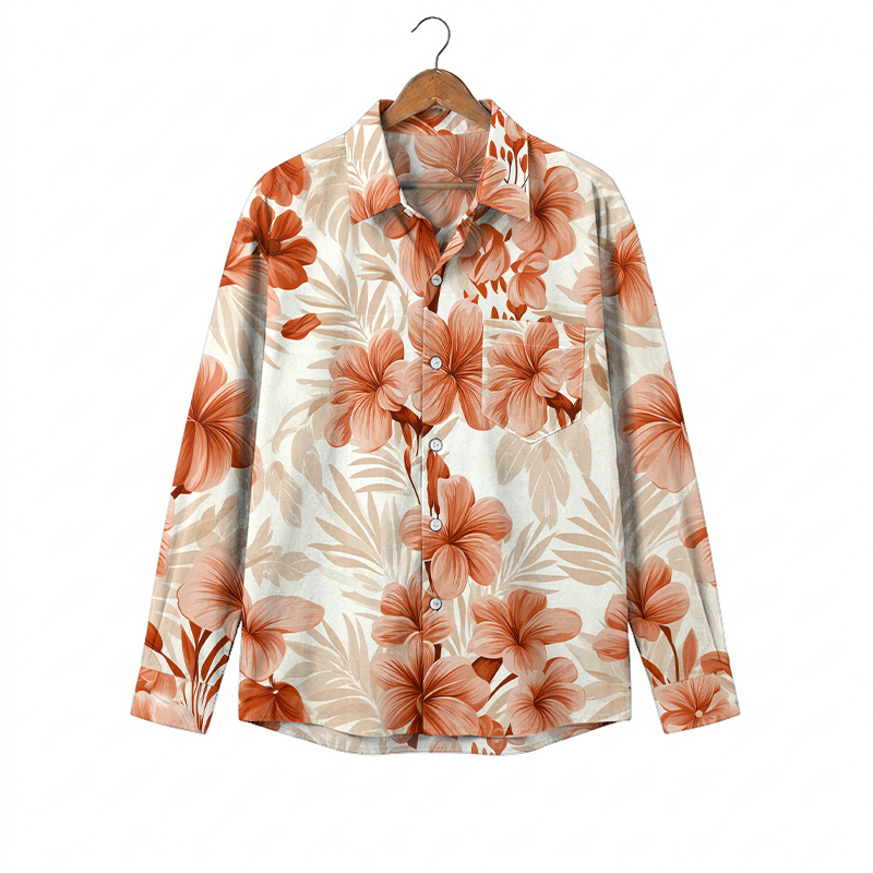 Casual Tropical Floral Print Pocket Long Sleeve Shirt - Orange - 5XL - image 1
