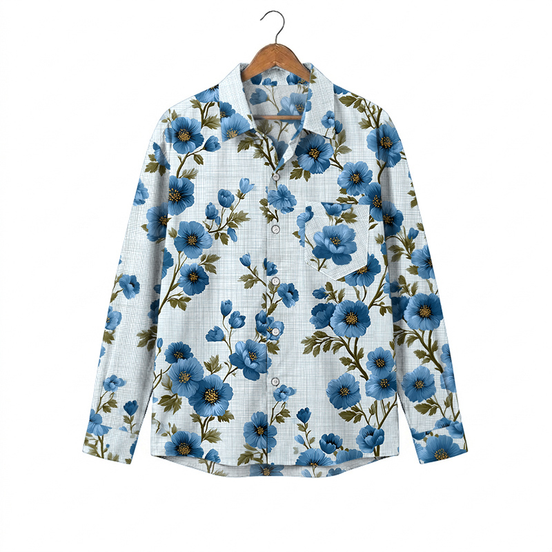 Island Blue Botanical Print Pocket Long Sleeve Shirt - Blue - 5XL - image 1