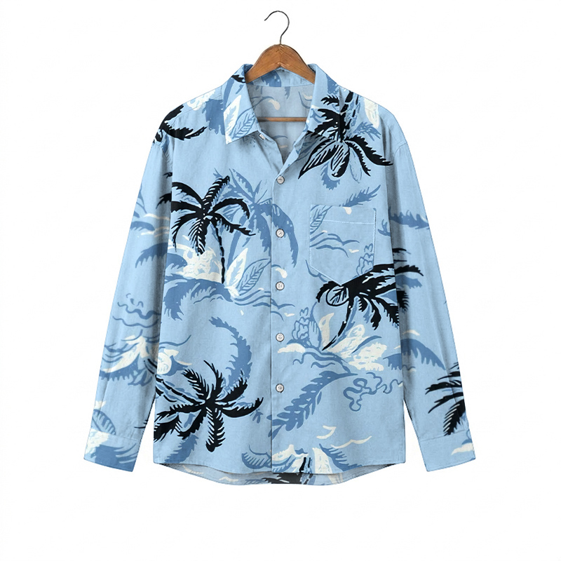 Sunset Shore Aloha Wave Print Pocket Long Sleeve Shirt - Blue - 5XL - image 1