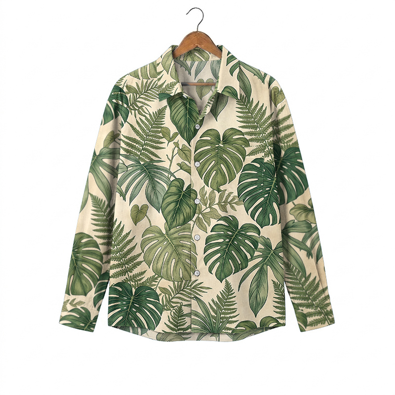 Hawaiian Summer Fern Print Pocket Long Sleeve Shirt - Green - 5XL - image 1