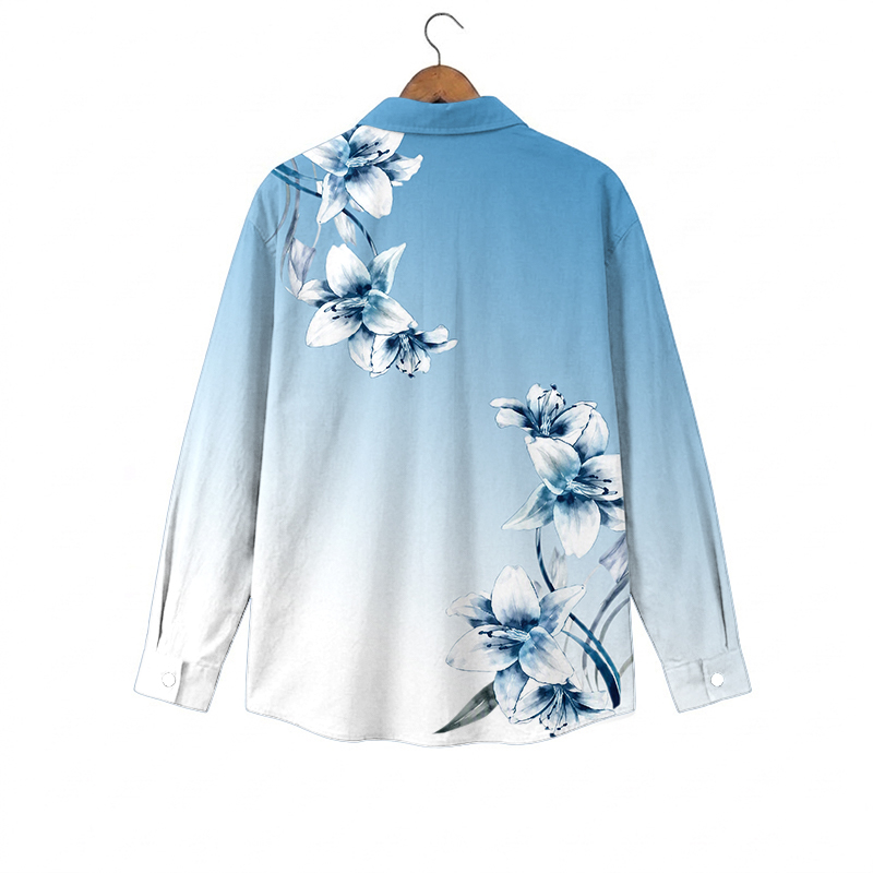 Men's Blue Ombre Floral Hawaiian Print Pocket Long Sleeve Shirt - image 2