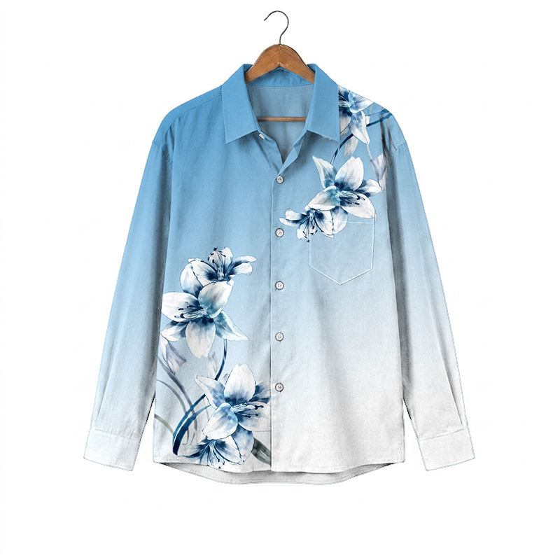 Men's Blue Ombre Floral Hawaiian Print Pocket Long Sleeve Shirt - Blue - 5XL - image 1