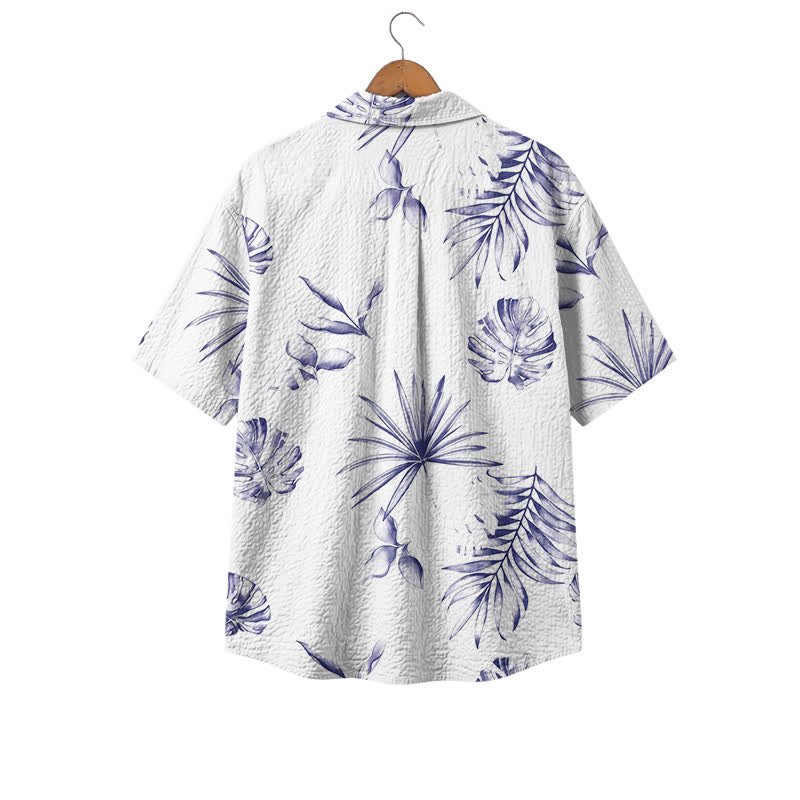 Casual White and Blue Tropical Print Chest Pocket Polyester Camp Shirt - image 2