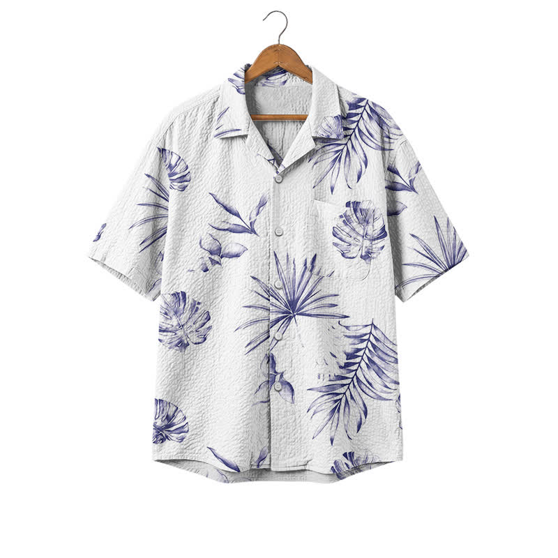 Casual White and Blue Tropical Print Chest Pocket Polyester Camp Shirt - Blue - 4XL - image 1