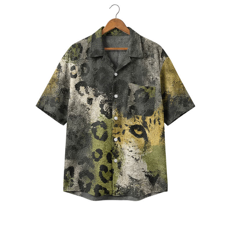 Men's Dark Aesthetic Leopard Face Print Loose Cuban Collar Polyester Shirt - Green - 4XL - image 1