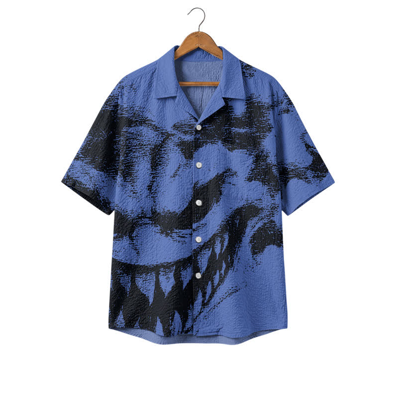 Men's Gothic Shadow Graphic Boxy Camp Collar Short Sleeve Polyester Shirt - Blue - 4XL - image 1
