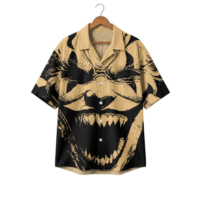 Urban Streetwear Monster Face Print Drop Shoulder Camp Collar Shirt - Khaki - 4XL - image 1