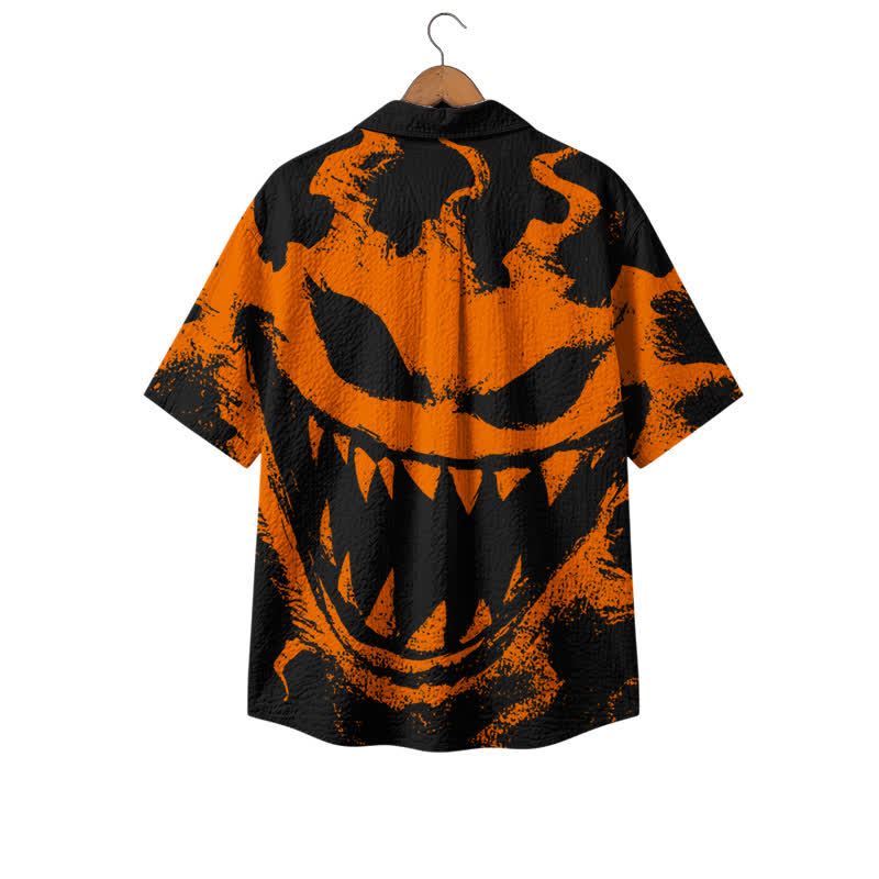 Men's Streetwear Pumpkin Grin Print Short Sleeve Cuban Collar Polyester Shirt - image 2