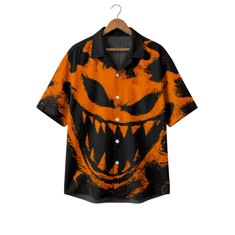 Men's Streetwear Pumpkin Grin Print Short Sleeve Cuban Collar Polyester Shirt - Orange - 4XL - image 1