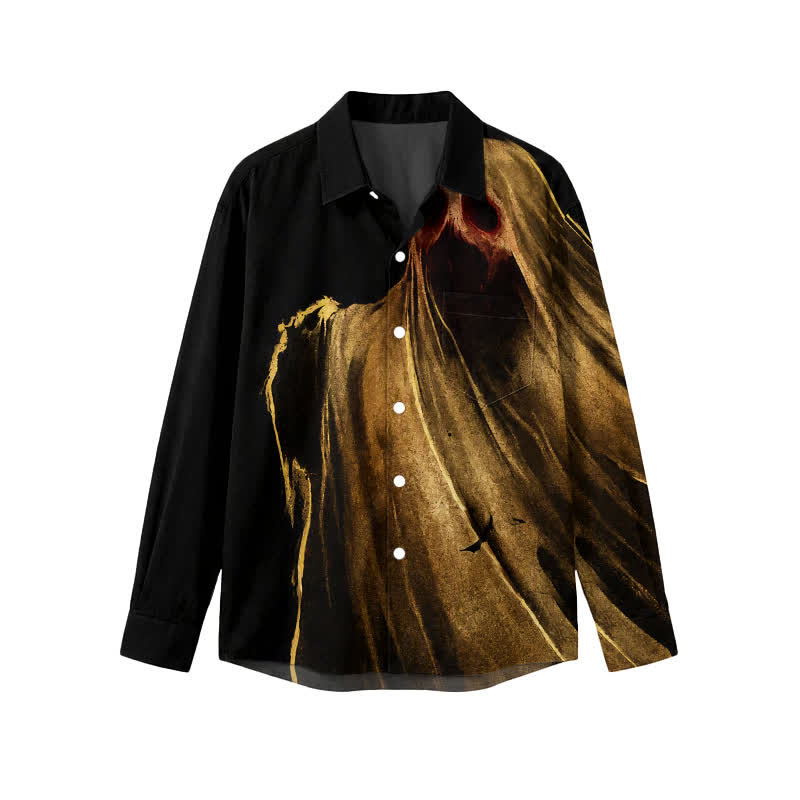 Gothic Shrouded Skull Graphic Relaxed Fit Classic Collar Long Sleeve Shirt - Black - 5XL - image 1