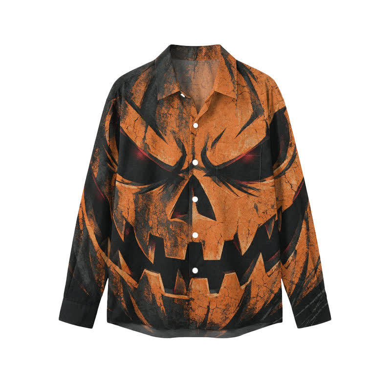 Streetwear Distressed Jack O Lantern Graphic Relaxed Fit Classic Collar Long Sleeve Shirt - Orange - 5XL - image 1