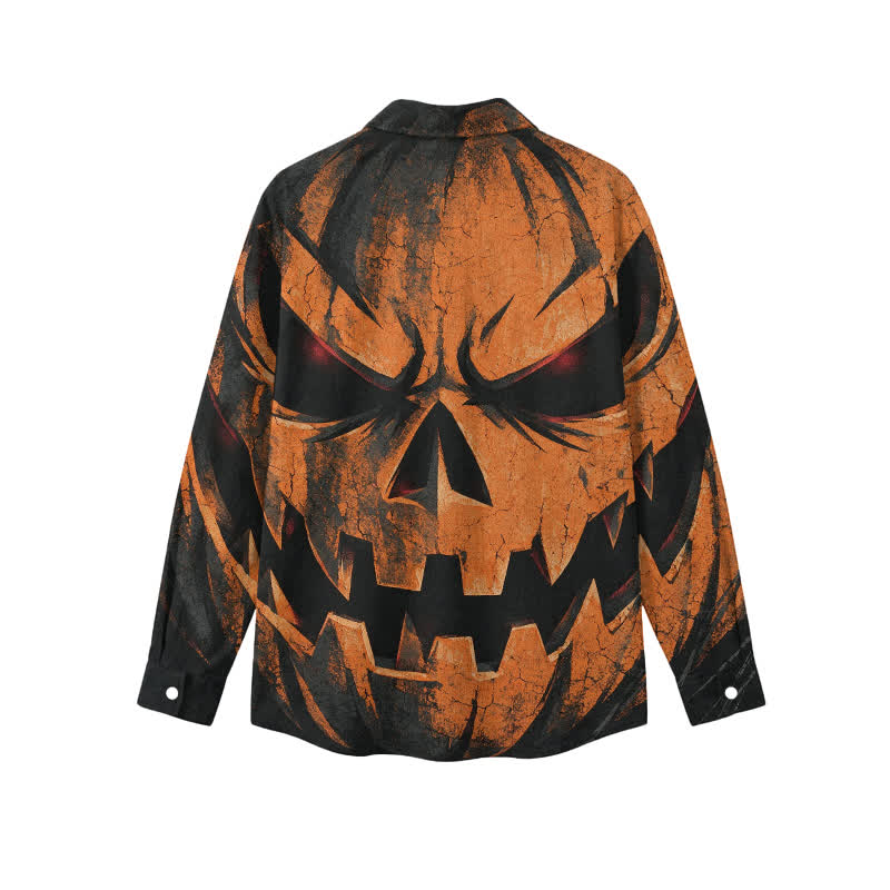 Streetwear Distressed Jack O Lantern Graphic Relaxed Fit Classic Collar Long Sleeve Shirt - image 2
