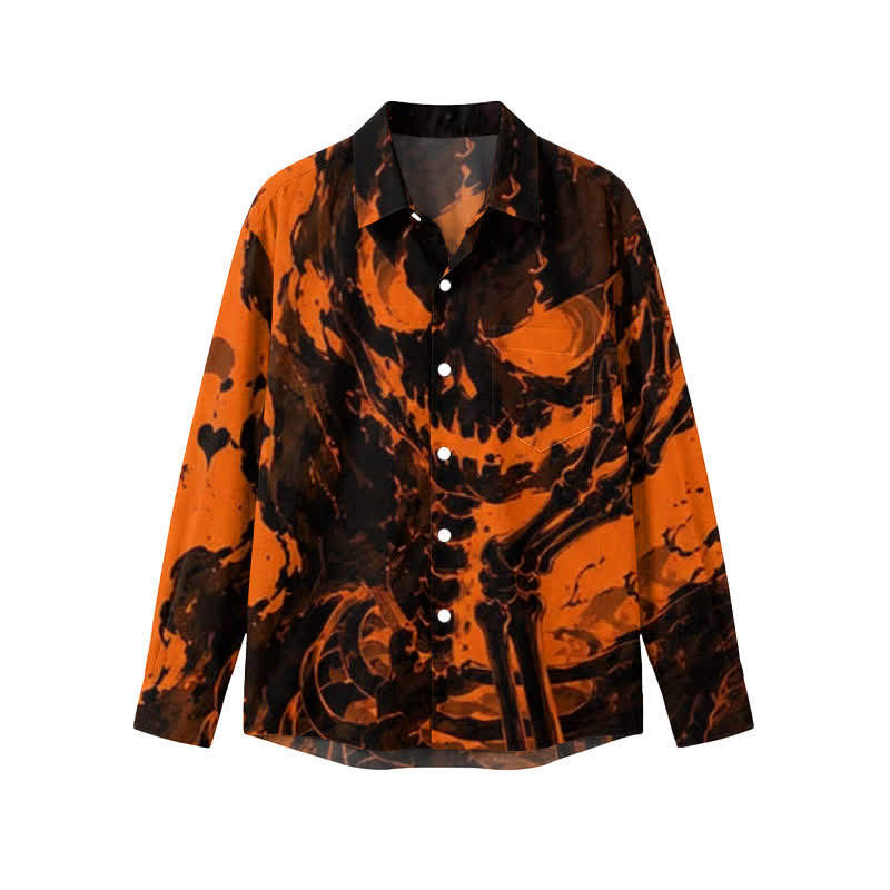 Gothic Skull Splash Print Relaxed Fit Collared Long Sleeve Pocket Shirt - Orange - 5XL - image 1