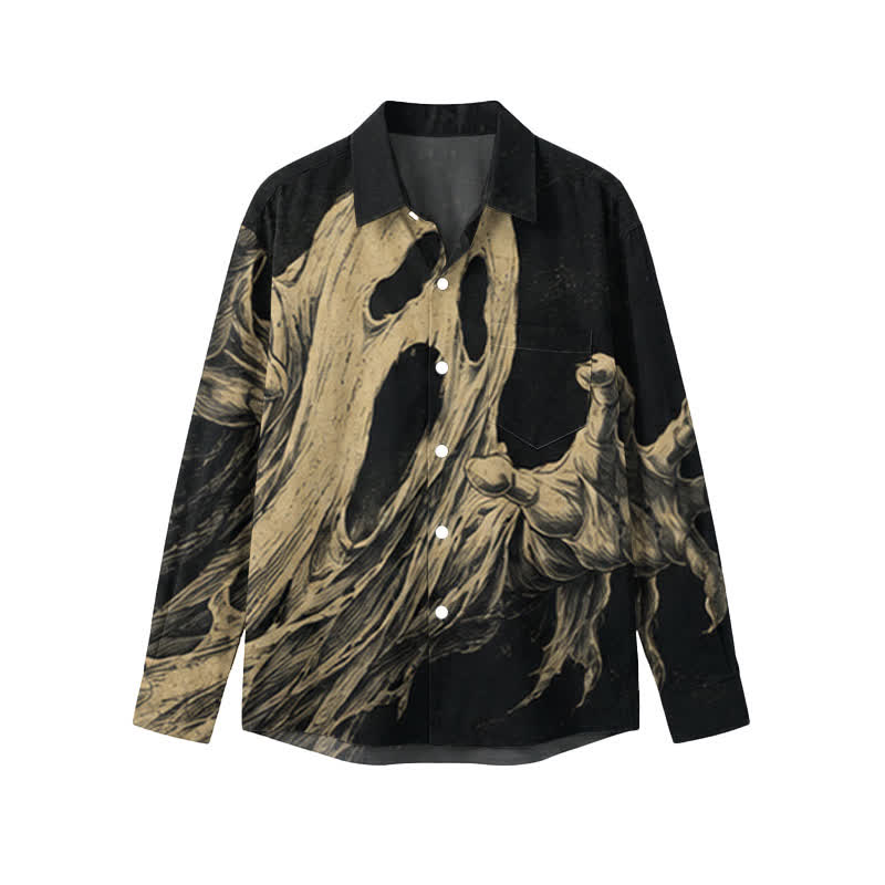 Gothic Phantom Claw Relaxed Fit Collared Horror Print Pocket Long Sleeve Shirt - Green - 5XL - image 1