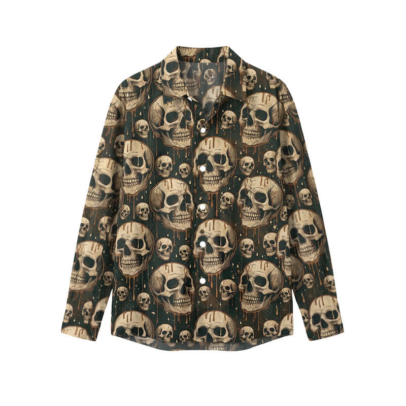 Gothic Allover Skull Print Relaxed Fit Classic Collar Long Sleeve Shirt - Brown - 5XL - image 1