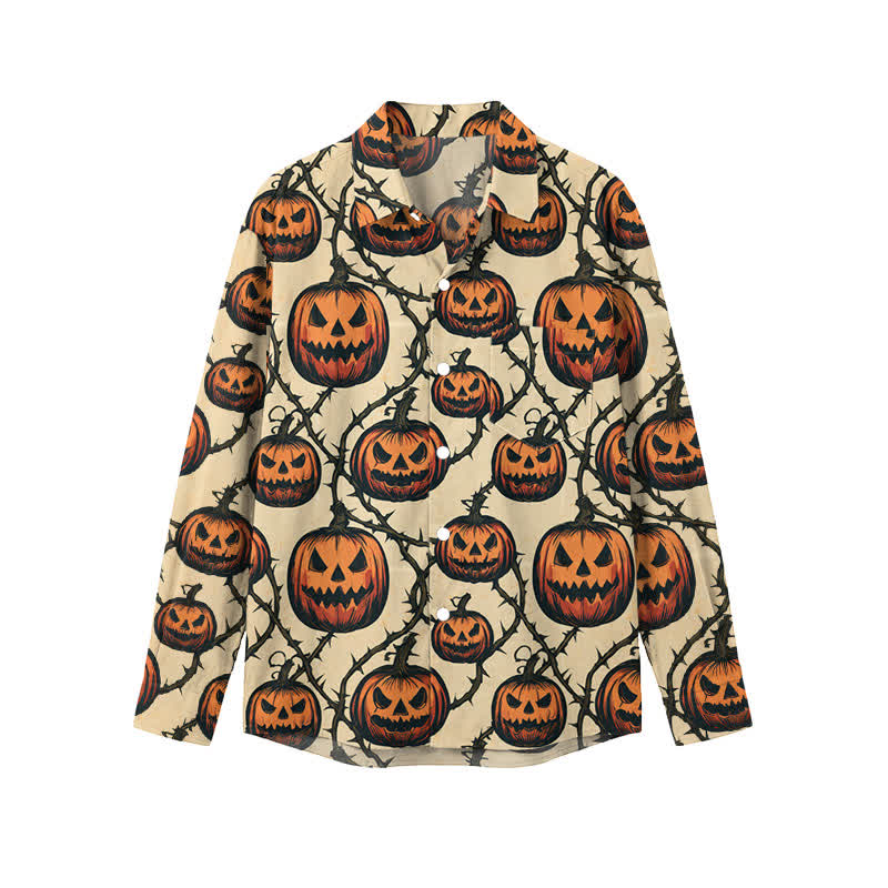 Streetwear Jack O Lantern All Over Print Relaxed Fit Classic Collar Long Sleeve Shirt - Orange - 5XL - image 1