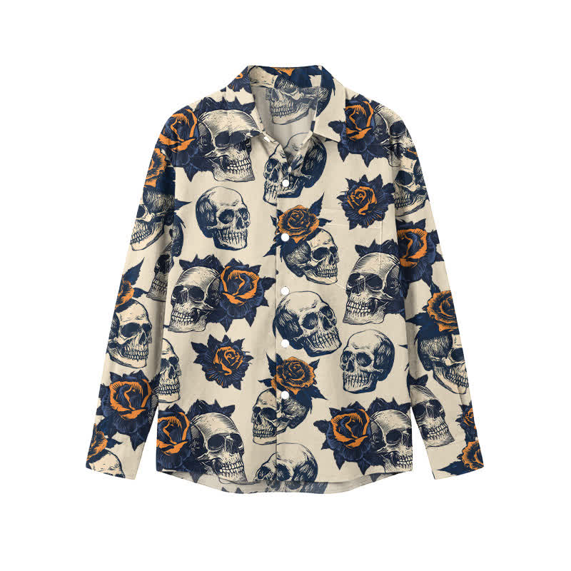 Rock Style Skull and Rose Print Regular Fit Collared Long Sleeve Shirt - Apricot - 5XL - image 1