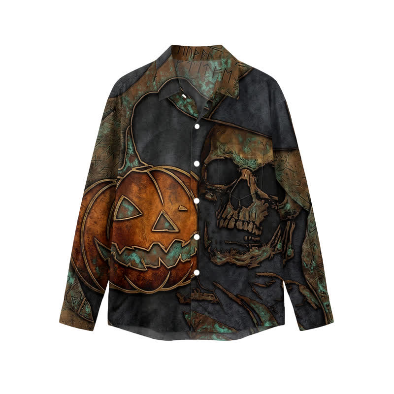 Gothic Skull and Jack O Lantern Print Regular Fit Long Sleeve Button Up Shirt - Black - 5XL - image 1