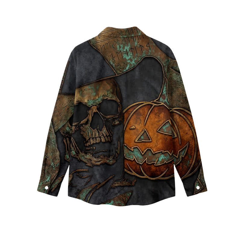 Gothic Skull and Jack O Lantern Print Regular Fit Long Sleeve Button Up Shirt - image 2