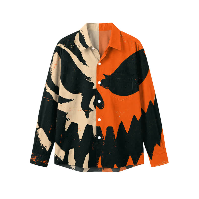 Streetwear Distressed Pumpkin Skull Relaxed Fit Pocket Long Sleeve Shirt - Multicolor - 5XL - image 1