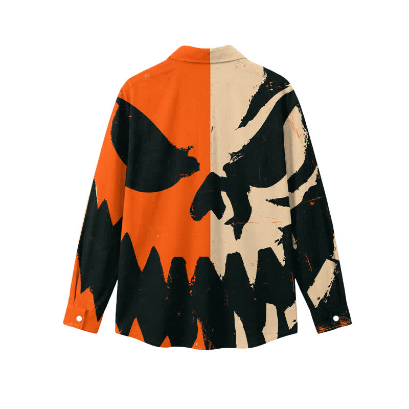 Streetwear Distressed Pumpkin Skull Relaxed Fit Pocket Long Sleeve Shirt - image 2