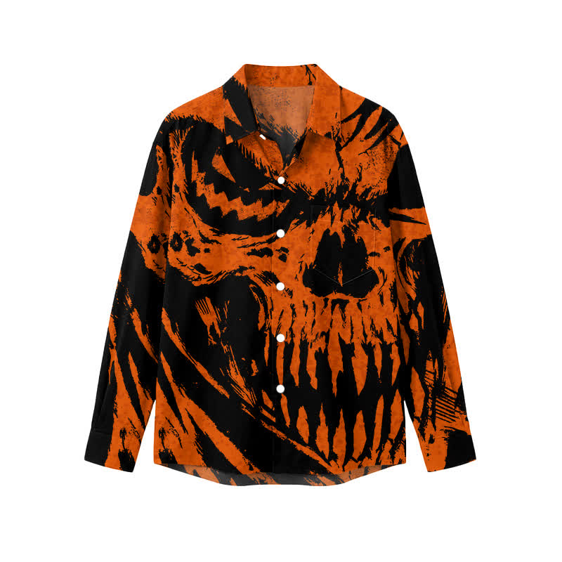 Gothic Orange Black Skull Print Regular Fit Long Sleeve Collared Shirt - Orange - 5XL - image 1