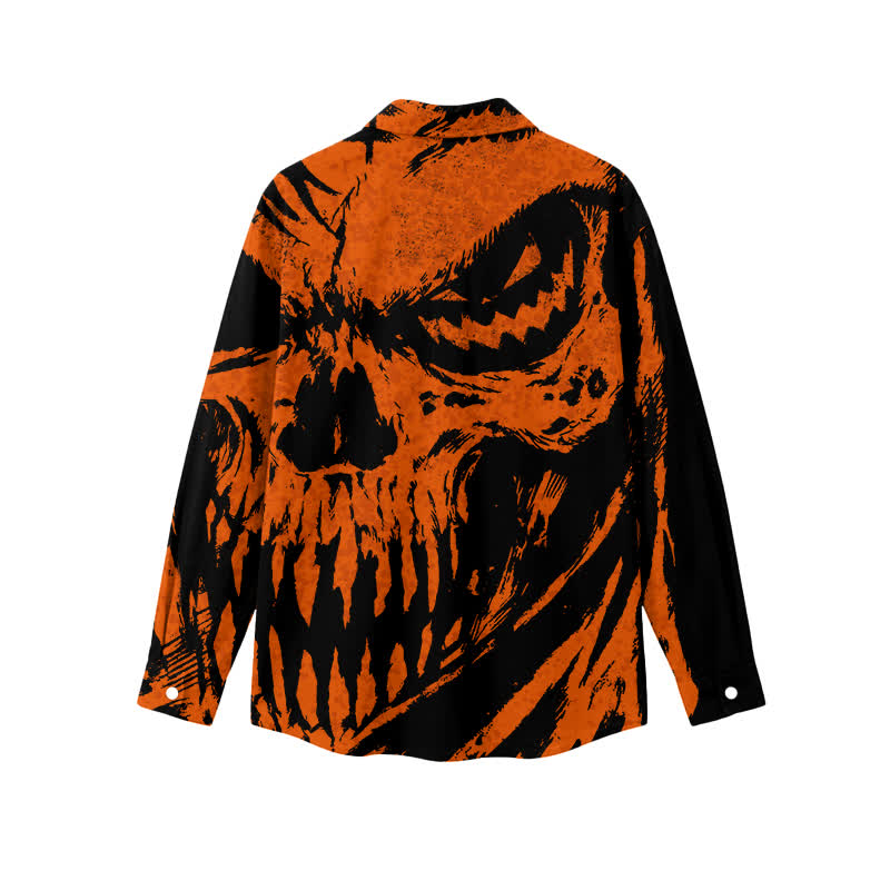 Gothic Orange Black Skull Print Regular Fit Long Sleeve Collared Shirt - image 2