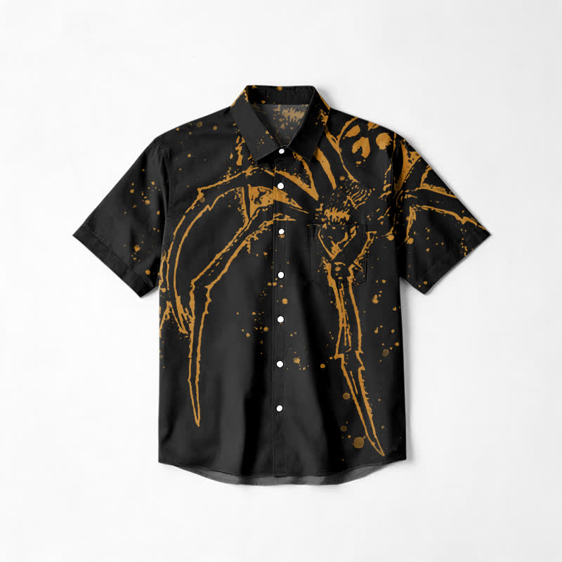 Streetwear Gold Splatter Relaxed Fit Camp Collar Short Sleeve Shirt - Black - 6XL - image 1