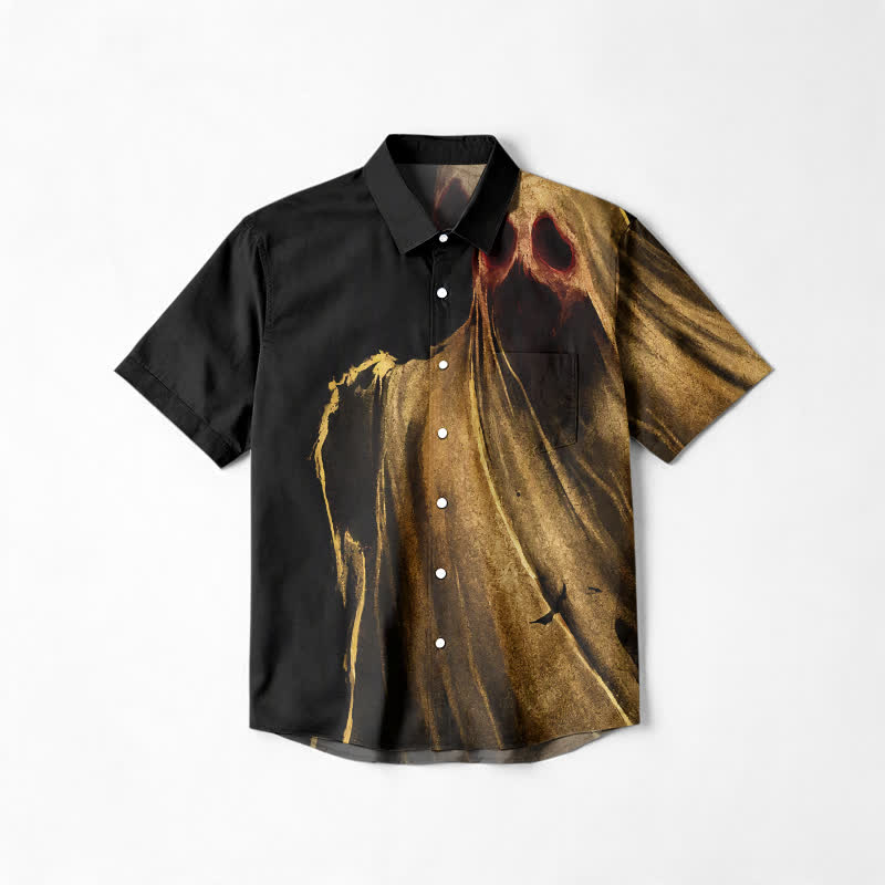 Gothic Phantom Print Relaxed Fit Cuban Collar Short Sleeve Shirt - Black - 6XL - image 1