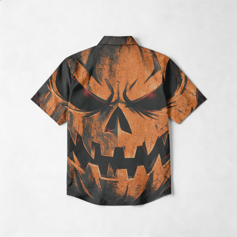 Casual Cracked Pumpkin Skull Print Cuban Collar Short Sleeve Shirt - image 2